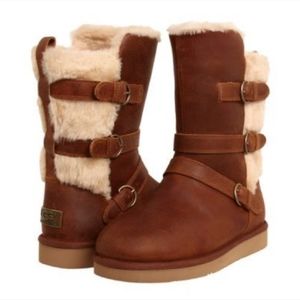 UGG Australia BECKET Triple Buckle Fur Tall Suede Lined Chestnut Boots 8 EU 39